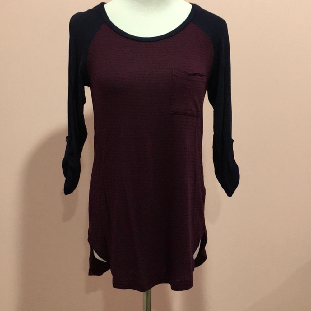 Be Cool Navy Wine Stripe Pocket Baseball Tee Sz S